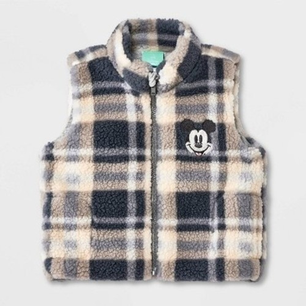 Disney Mickey Mouse Baby Boy's Faux Sherpa Vest Gray/Cream Plaid Size 0/3M